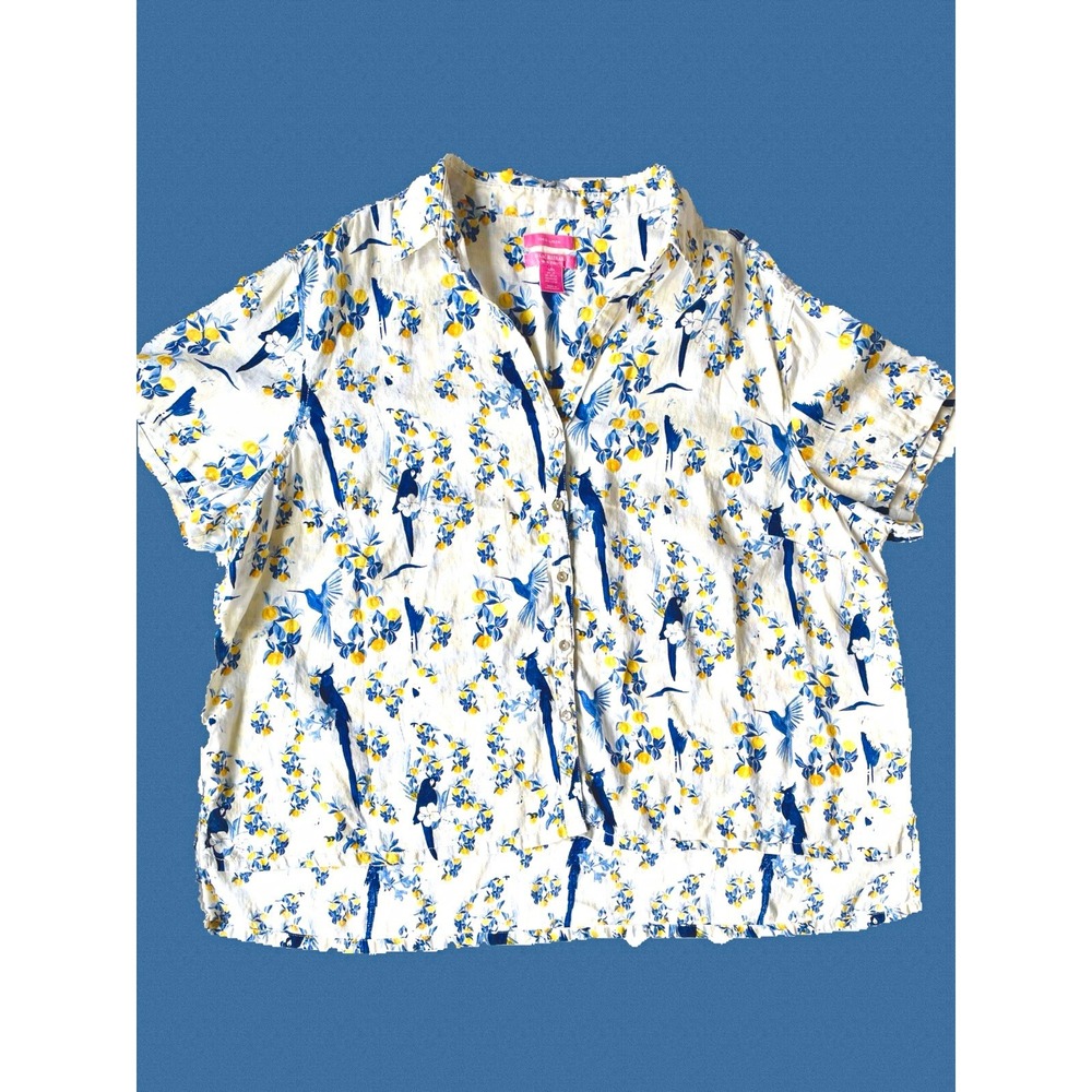 Button-Front SS White Top 100% Linen Sz 2X Blue Birds Yellow Lemon Coastal
